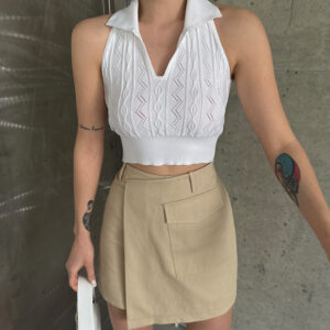 Gebreide Witte Crop Top met Kraag